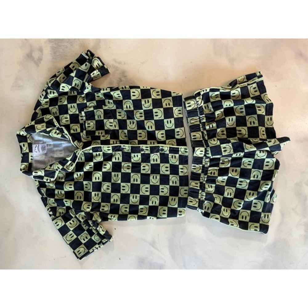 Art Class Kids Lime Green Black Checkered Smiley Face Pajama Set L 10/12